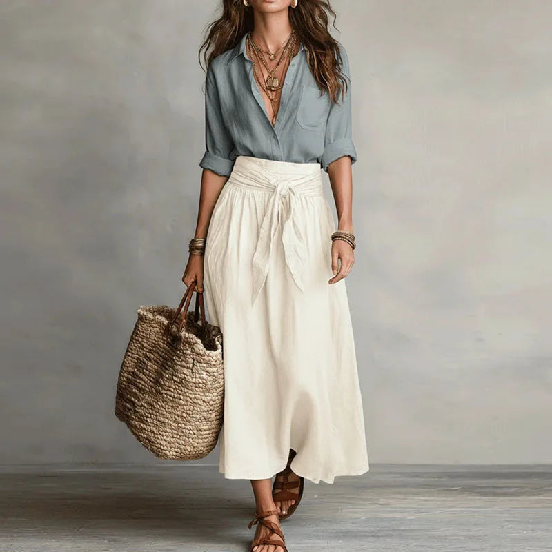 Women's Linen-Blend Tie-Waist Top and Wide-Skirt Set – Elegant Summer Co-Ord Style
