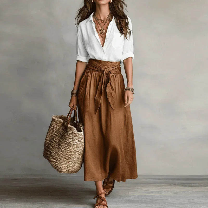 Women's Linen-Blend Tie-Waist Top and Wide-Skirt Set – Elegant Summer Co-Ord Style
