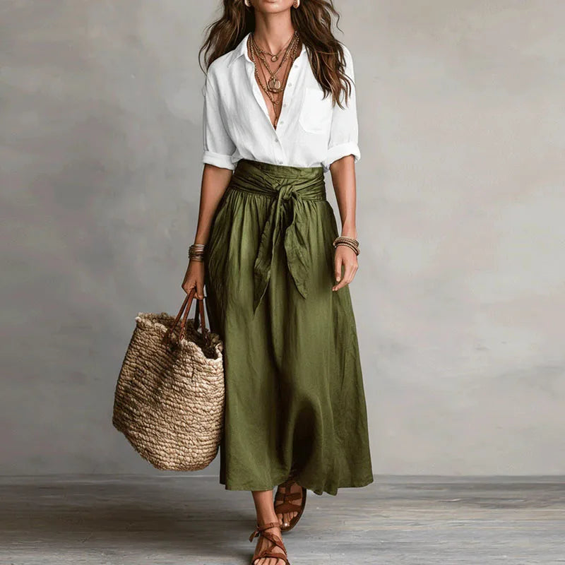 Women's Linen-Blend Tie-Waist Top and Wide-Skirt Set – Elegant Summer Co-Ord Style