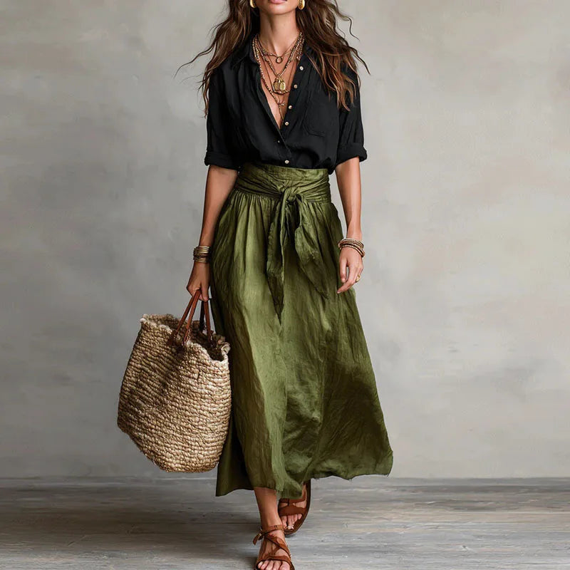 Women's Linen-Blend Tie-Waist Top and Wide-Skirt Set – Elegant Summer Co-Ord Style