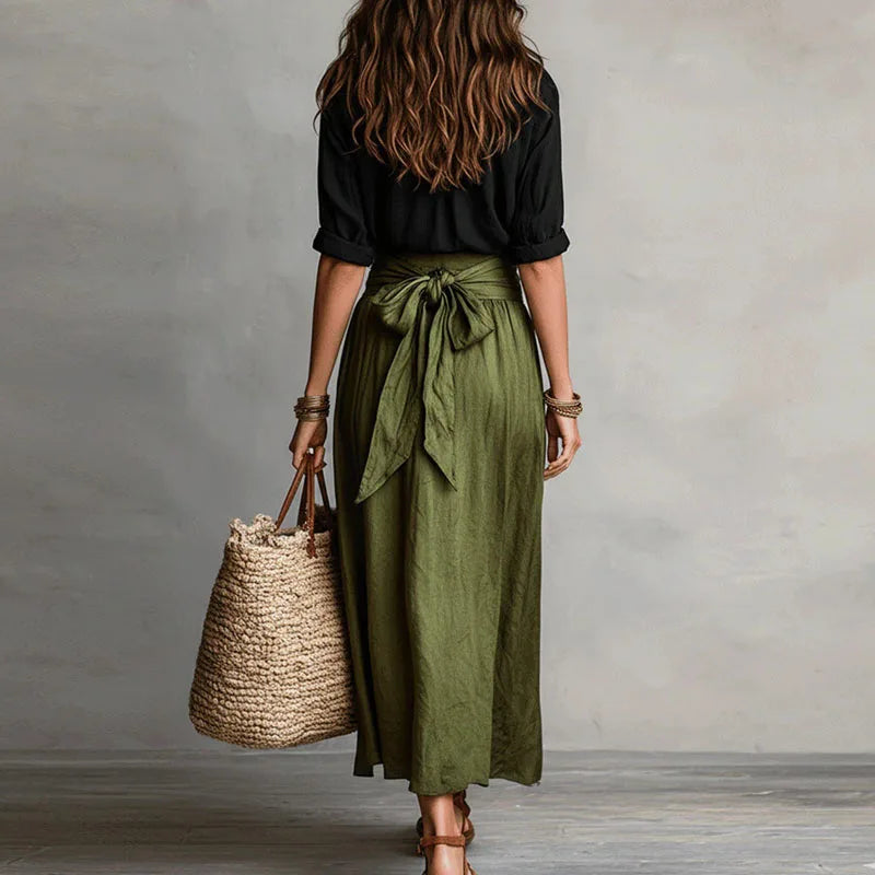 Women's Linen-Blend Tie-Waist Top and Wide-Skirt Set – Elegant Summer Co-Ord Style