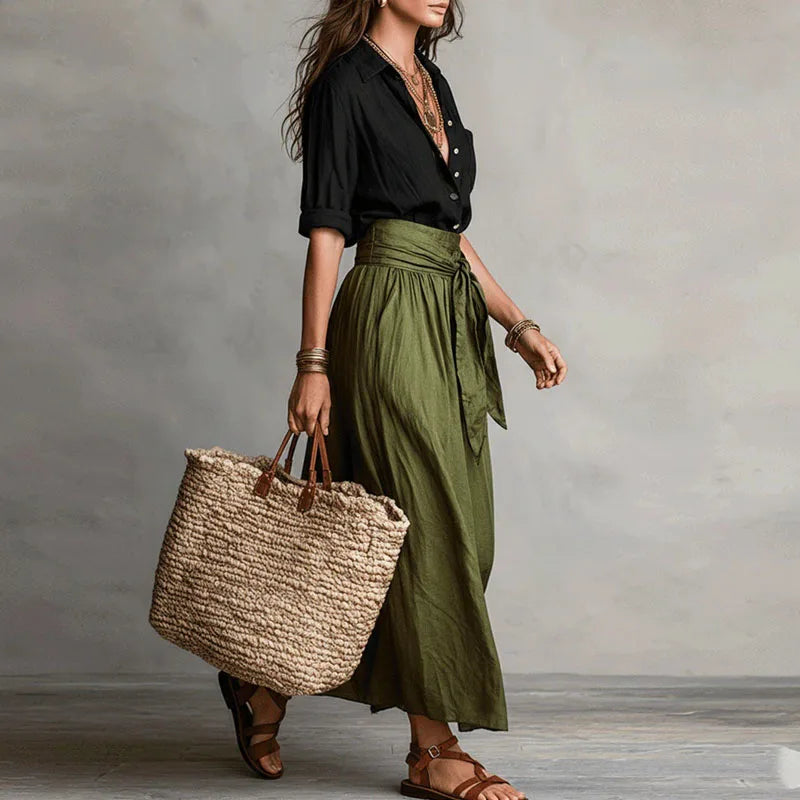 Women's Linen-Blend Tie-Waist Top and Wide-Skirt Set – Elegant Summer Co-Ord Style