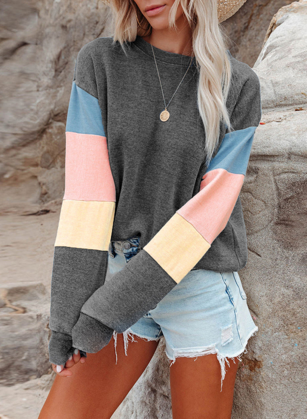 Women’s Color Sleeve Casual Sweater – Relaxed Everyday Knit