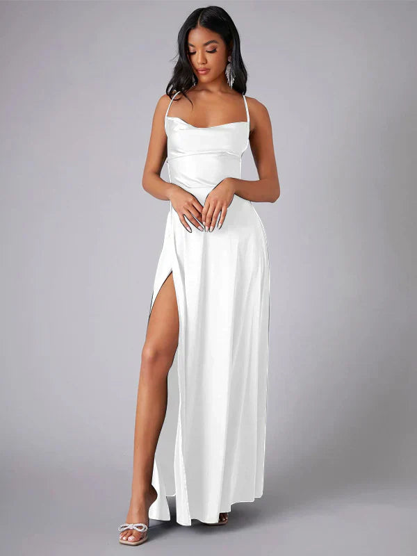 Women's Satin Maxi Evening Dress – High Slit Open Back Formal Dress