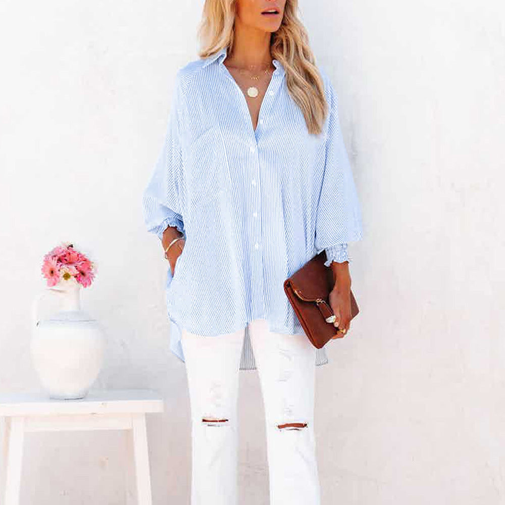 Women's Oversized Striped Button-Down Shirt – Relaxed Long Sleeve Blouse