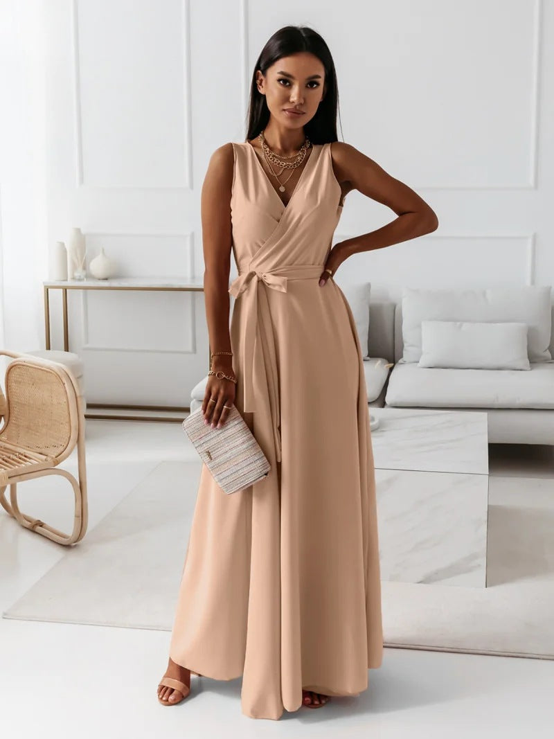 Annabelle Women’s Solid V-Neck Maxi Dress – Elegant Flowy Casual Summer Style