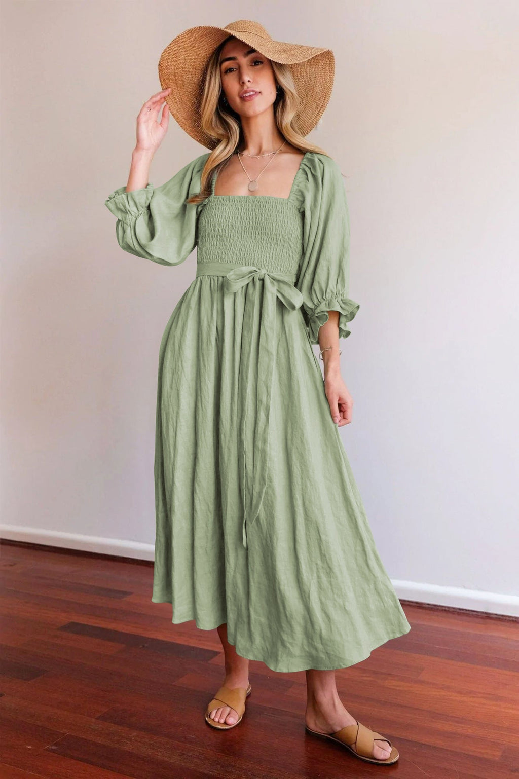 Women's Waist Tie Maxi Dress – Romantic Square Neck Puff Sleeve Dress