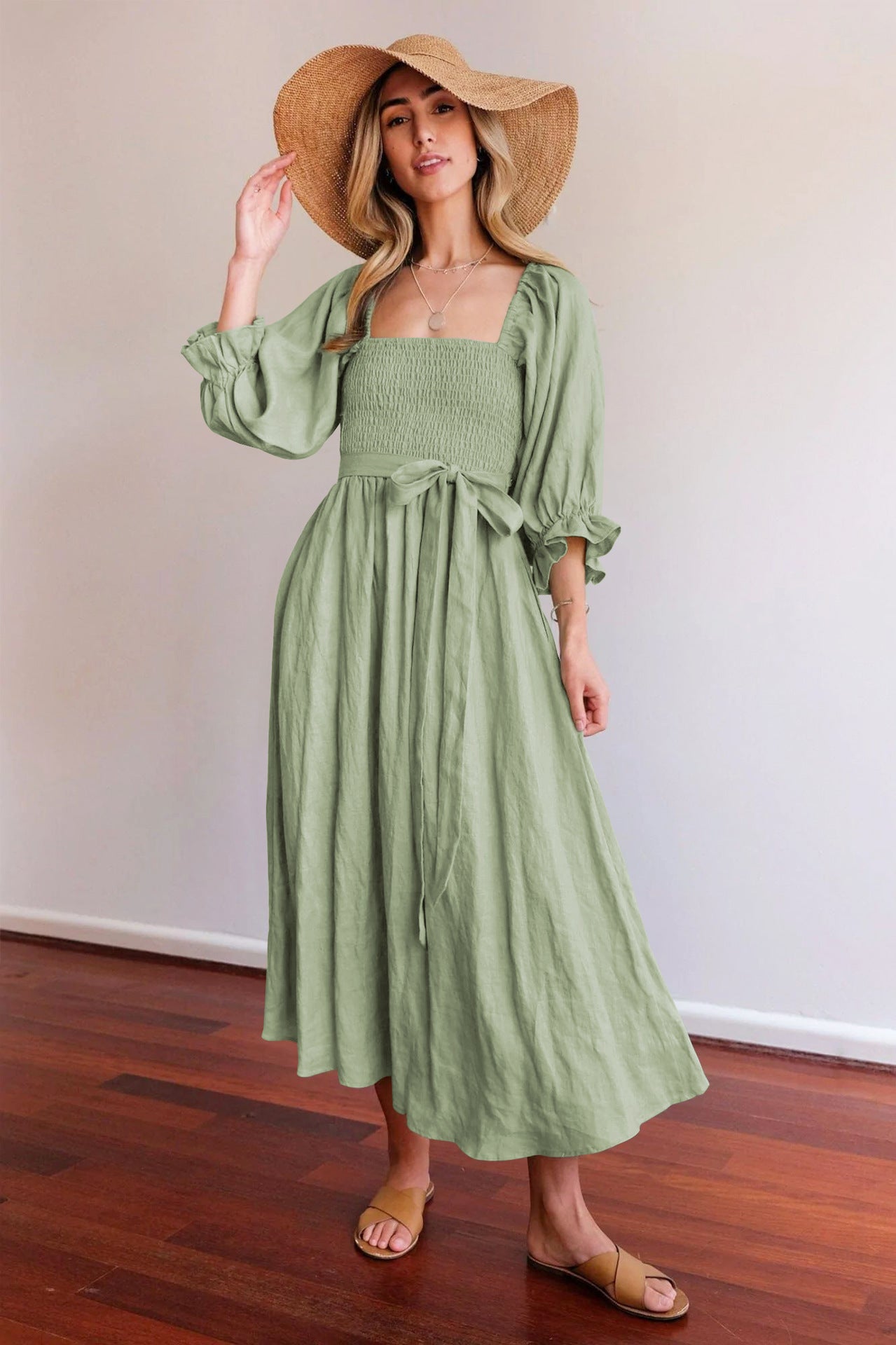 Women's Waist Tie Maxi Dress – Romantic Square Neck Puff Sleeve Dress