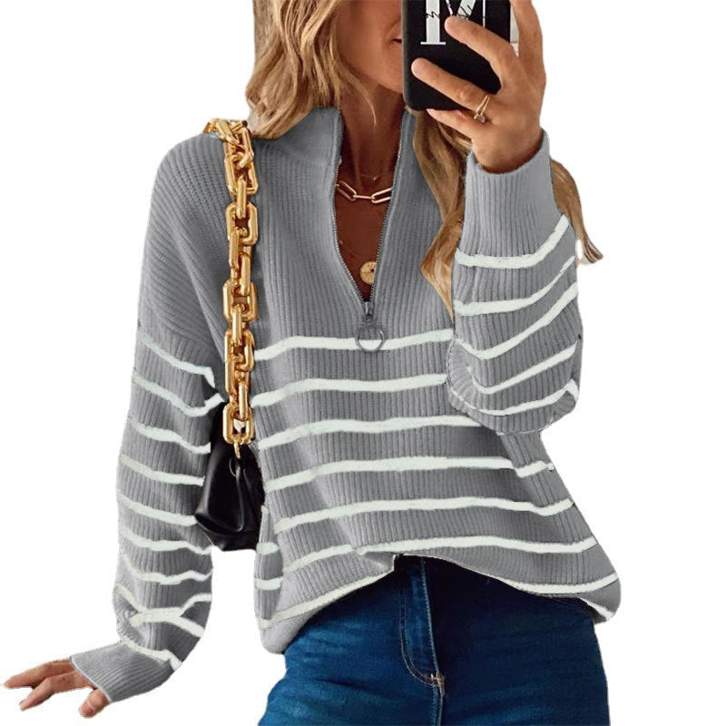 Striped Ribbed Jumper with Zip Neckline - Soft and Modern