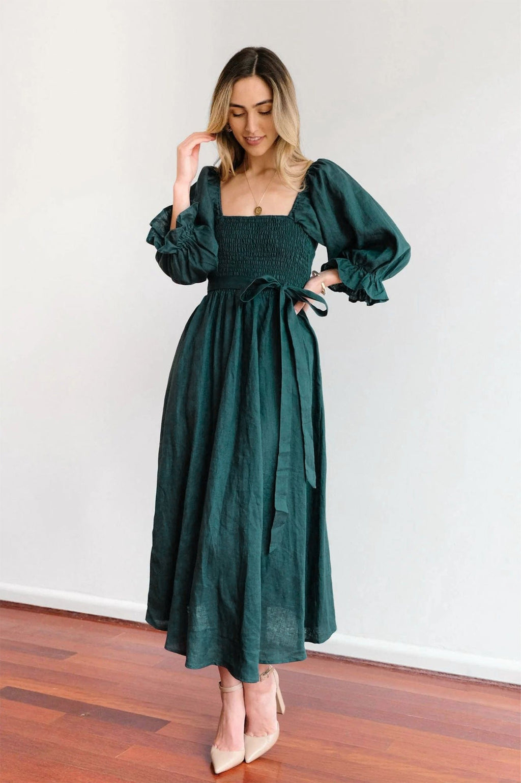 Women's Waist Tie Maxi Dress – Romantic Square Neck Puff Sleeve Dress