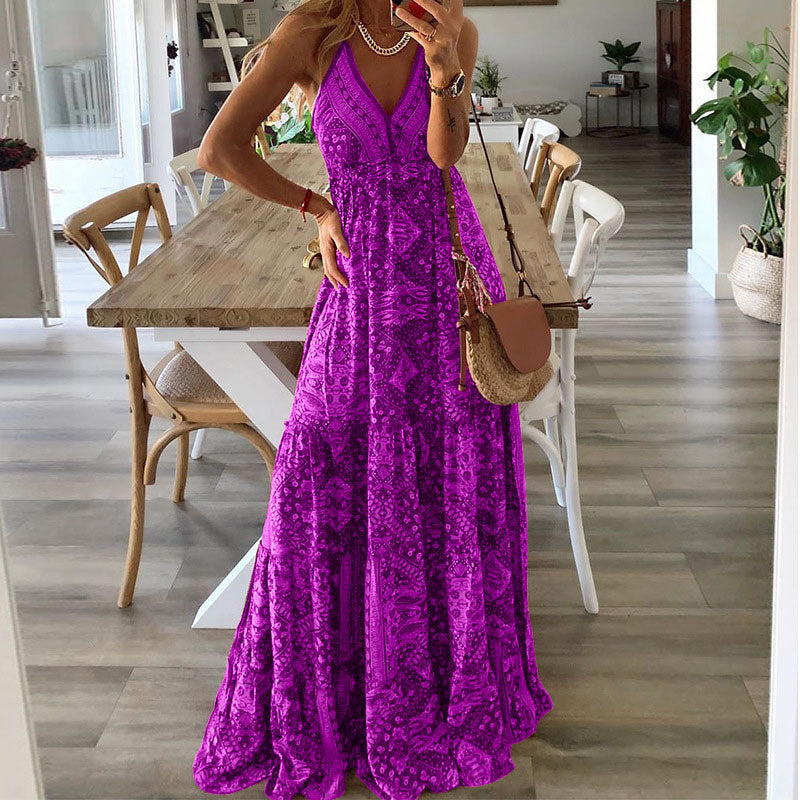 Women's Bohemian Print Maxi Dress – Sleeveless V Neck Summer Dress