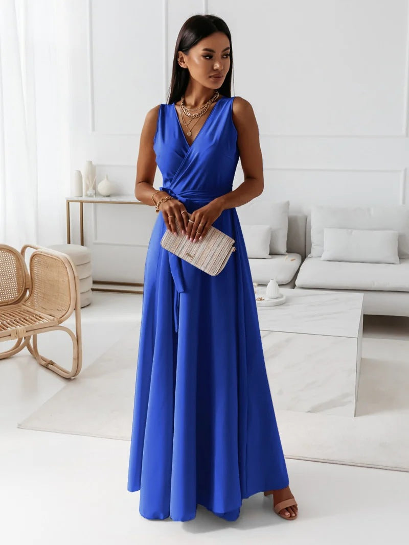 Annabelle Women’s Solid V-Neck Maxi Dress – Elegant Flowy Casual Summer Style