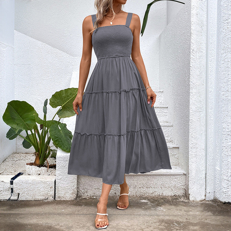 Women's Vintage Backless Sundress – Frill Hem Shirred Summer Dress