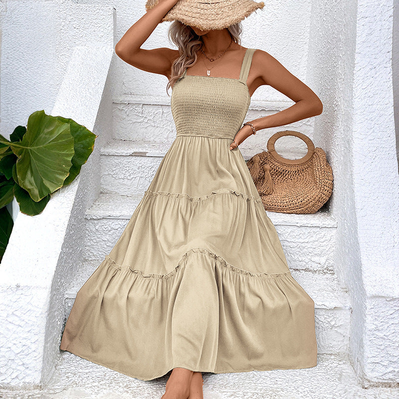Women's Vintage Backless Sundress – Frill Hem Shirred Summer Dress