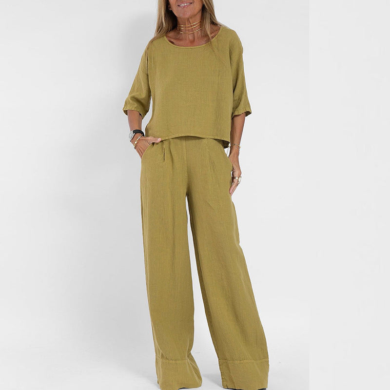 Women's Two Piece Trouser Set – Short Sleeve Top and Wide Leg Pants