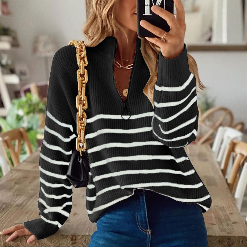 Striped Ribbed Jumper with Zip Neckline - Soft and Modern