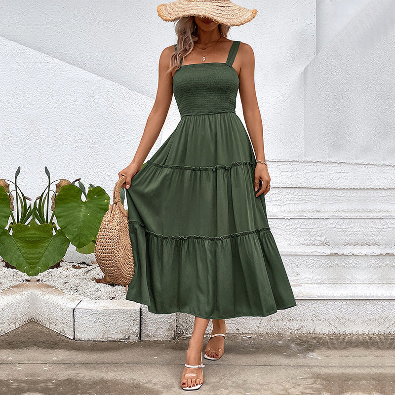 Women's Vintage Backless Sundress – Frill Hem Shirred Summer Dress