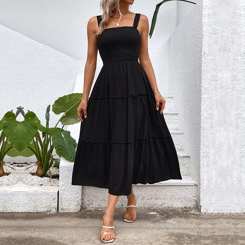 Women's Vintage Backless Sundress – Frill Hem Shirred Summer Dress
