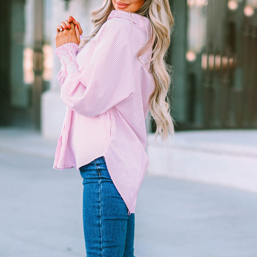 Women's Oversized Striped Button-Down Shirt – Relaxed Long Sleeve Blouse