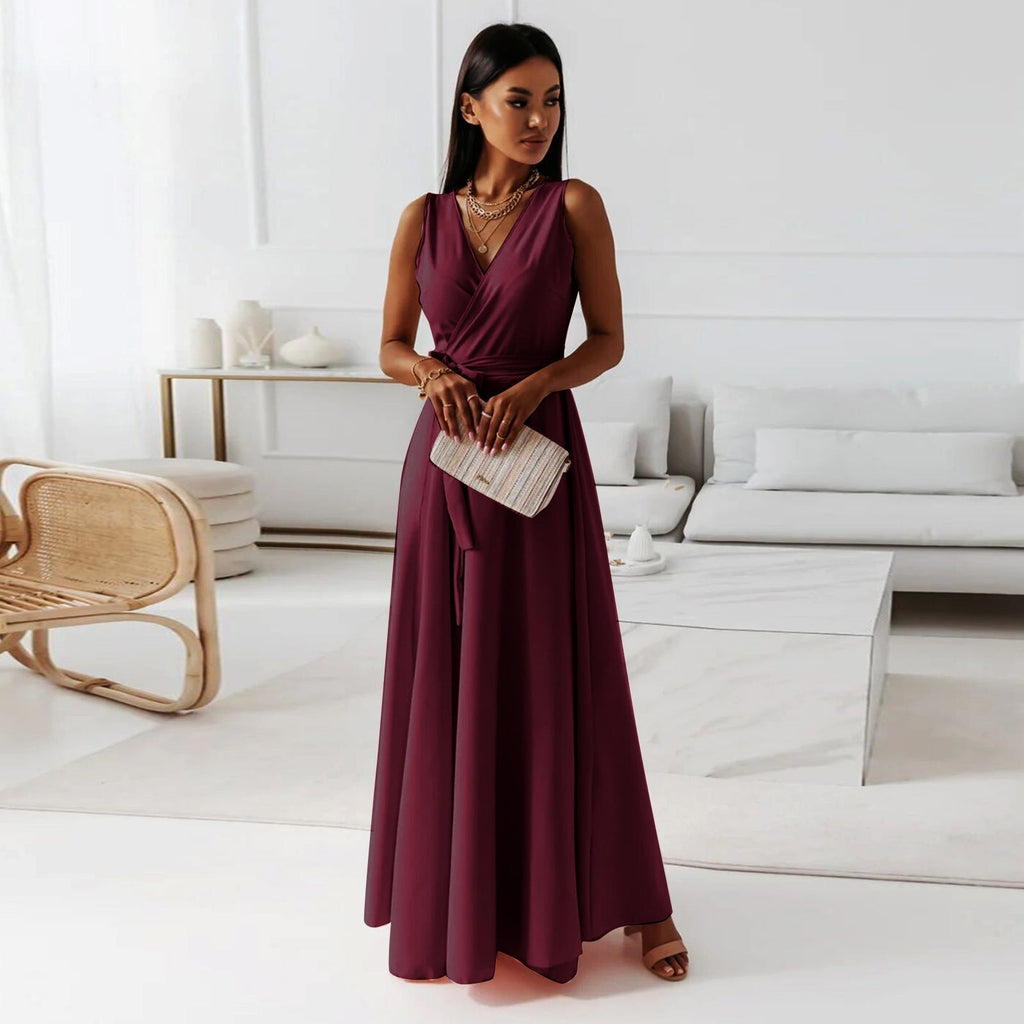 Annabelle Women’s Solid V-Neck Maxi Dress – Elegant Flowy Casual Summer Style