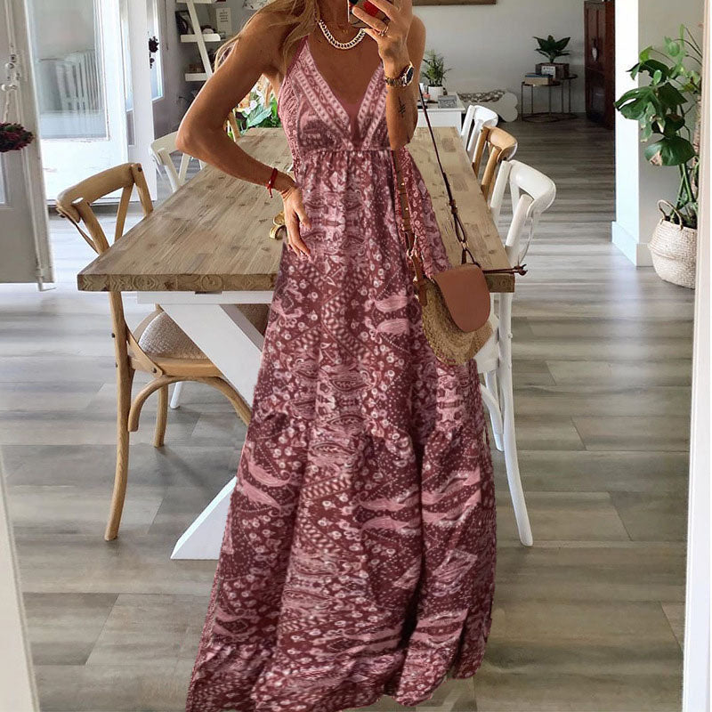 Women's Bohemian Print Maxi Dress – Sleeveless V Neck Summer Dress