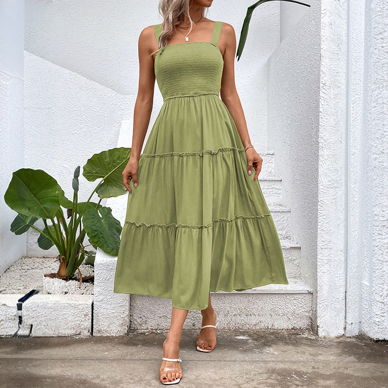 Women's Vintage Backless Sundress – Frill Hem Shirred Summer Dress