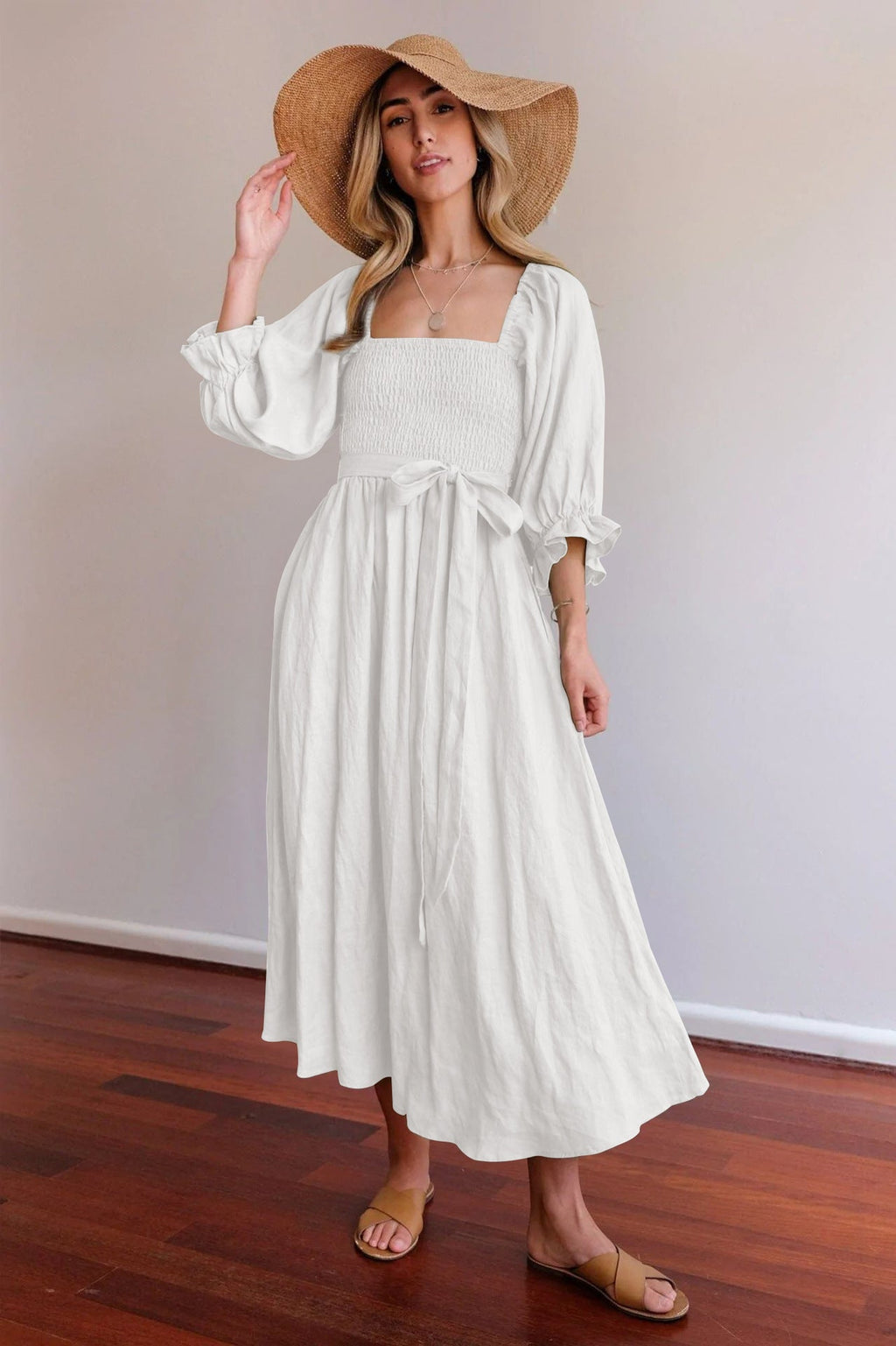Women's Waist Tie Maxi Dress – Romantic Square Neck Puff Sleeve Dress