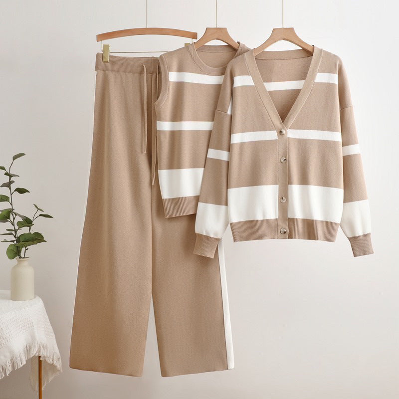 Women’s 3-Piece Knitted Set – Striped Vest Tank Top and Elegant Trousers