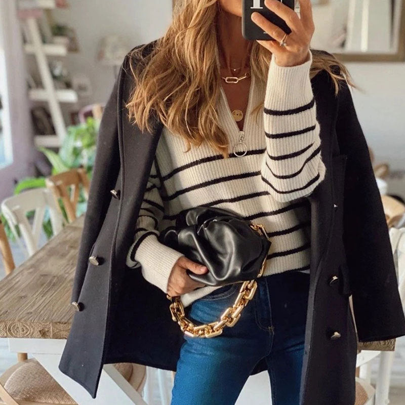 Striped Ribbed Jumper with Zip Neckline - Soft and Modern