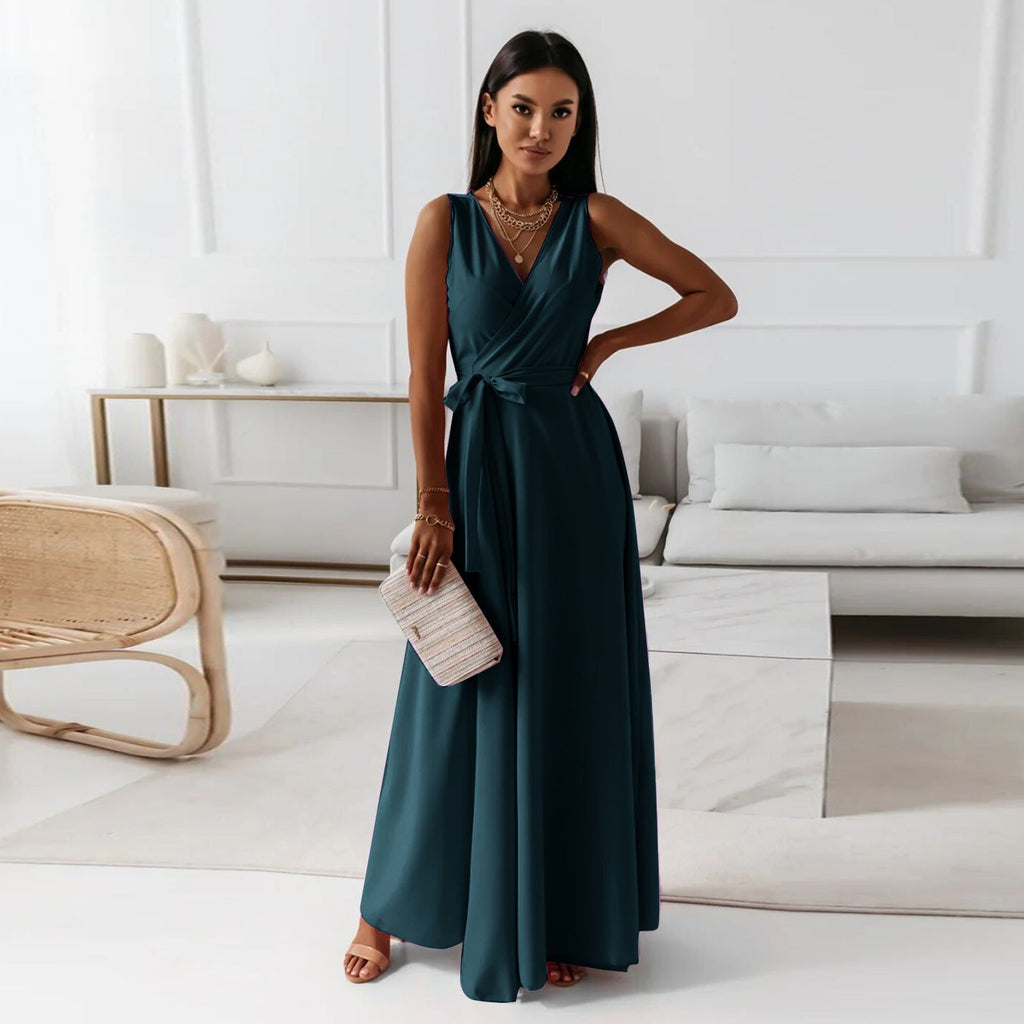 Annabelle Women’s Solid V-Neck Maxi Dress – Elegant Flowy Casual Summer Style