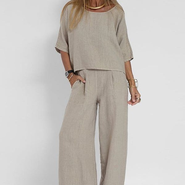 Women's Two Piece Trouser Set – Short Sleeve Top and Wide Leg Pants