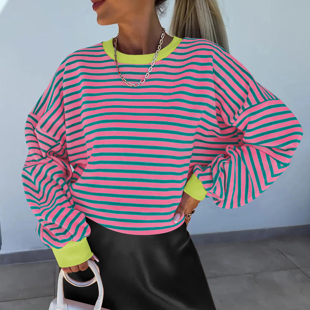 Women’s Striped Boxy Sweatshirt – Casual Contrast Trim Style