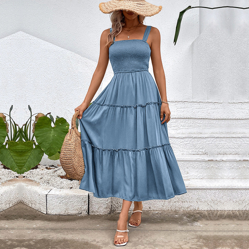 Women's Vintage Backless Sundress – Frill Hem Shirred Summer Dress