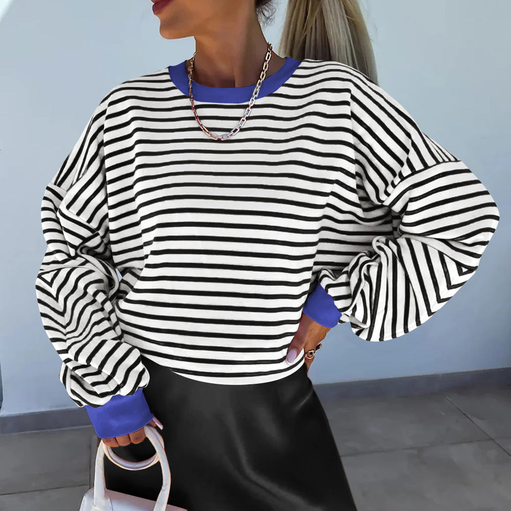 Women’s Striped Boxy Sweatshirt – Casual Contrast Trim Style