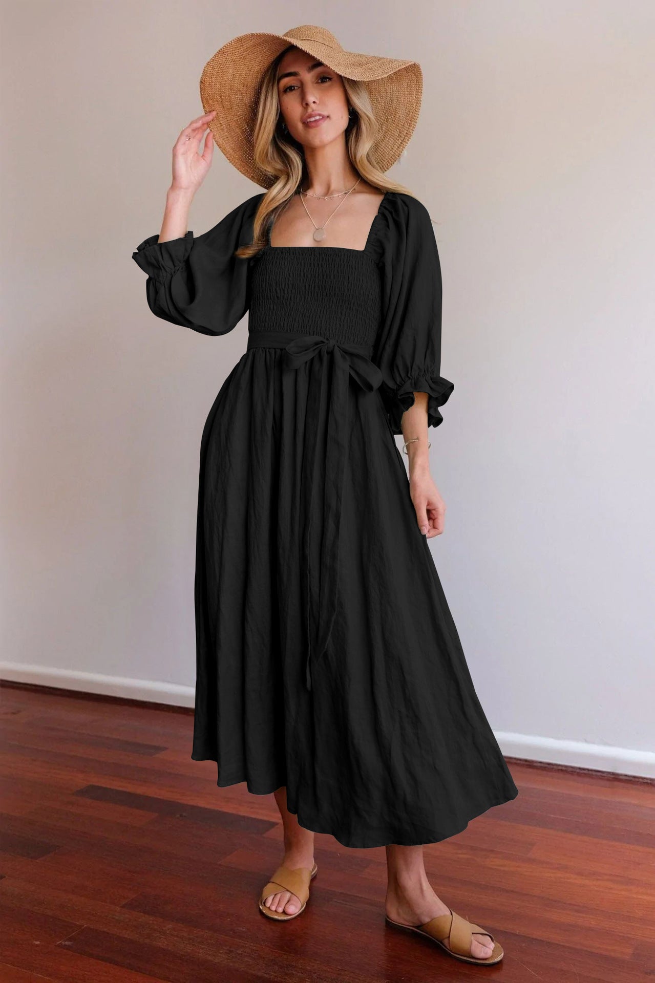 Women's Waist Tie Maxi Dress – Romantic Square Neck Puff Sleeve Dress