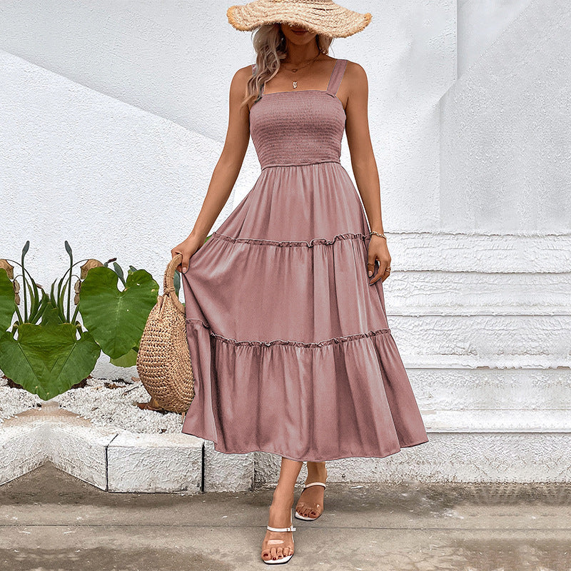 Women's Vintage Backless Sundress – Frill Hem Shirred Summer Dress