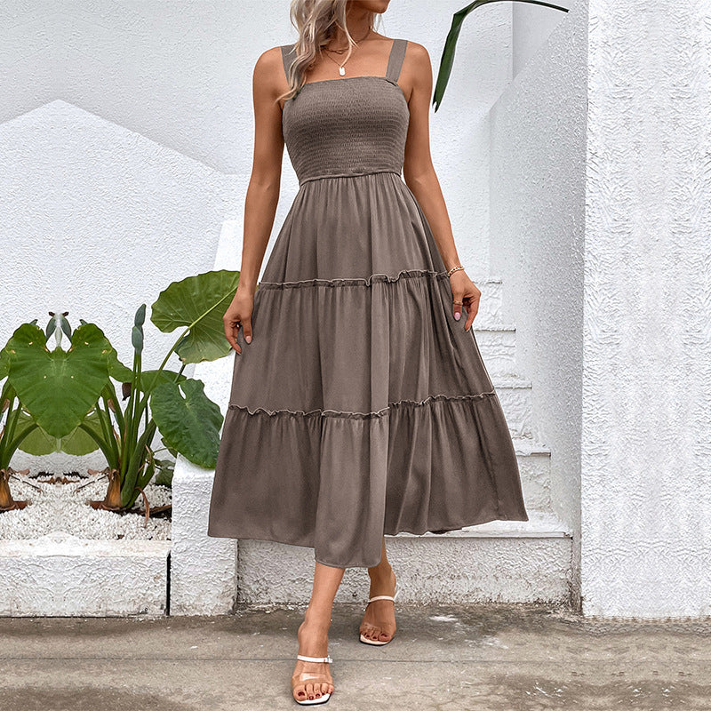 Women's Vintage Backless Sundress – Frill Hem Shirred Summer Dress