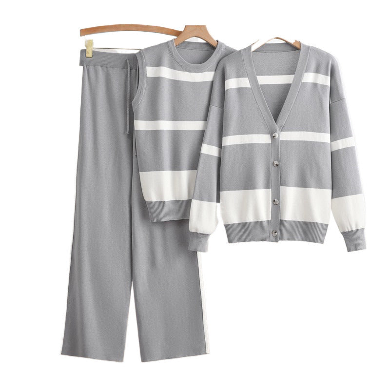 Women’s 3-Piece Knitted Set – Striped Vest Tank Top and Elegant Trousers