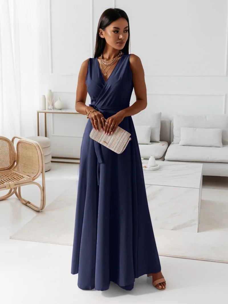 Annabelle Women’s Solid V-Neck Maxi Dress – Elegant Flowy Casual Summer Style