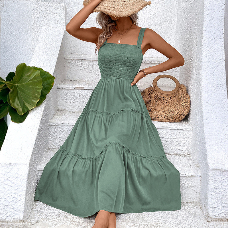 Women's Vintage Backless Sundress – Frill Hem Shirred Summer Dress