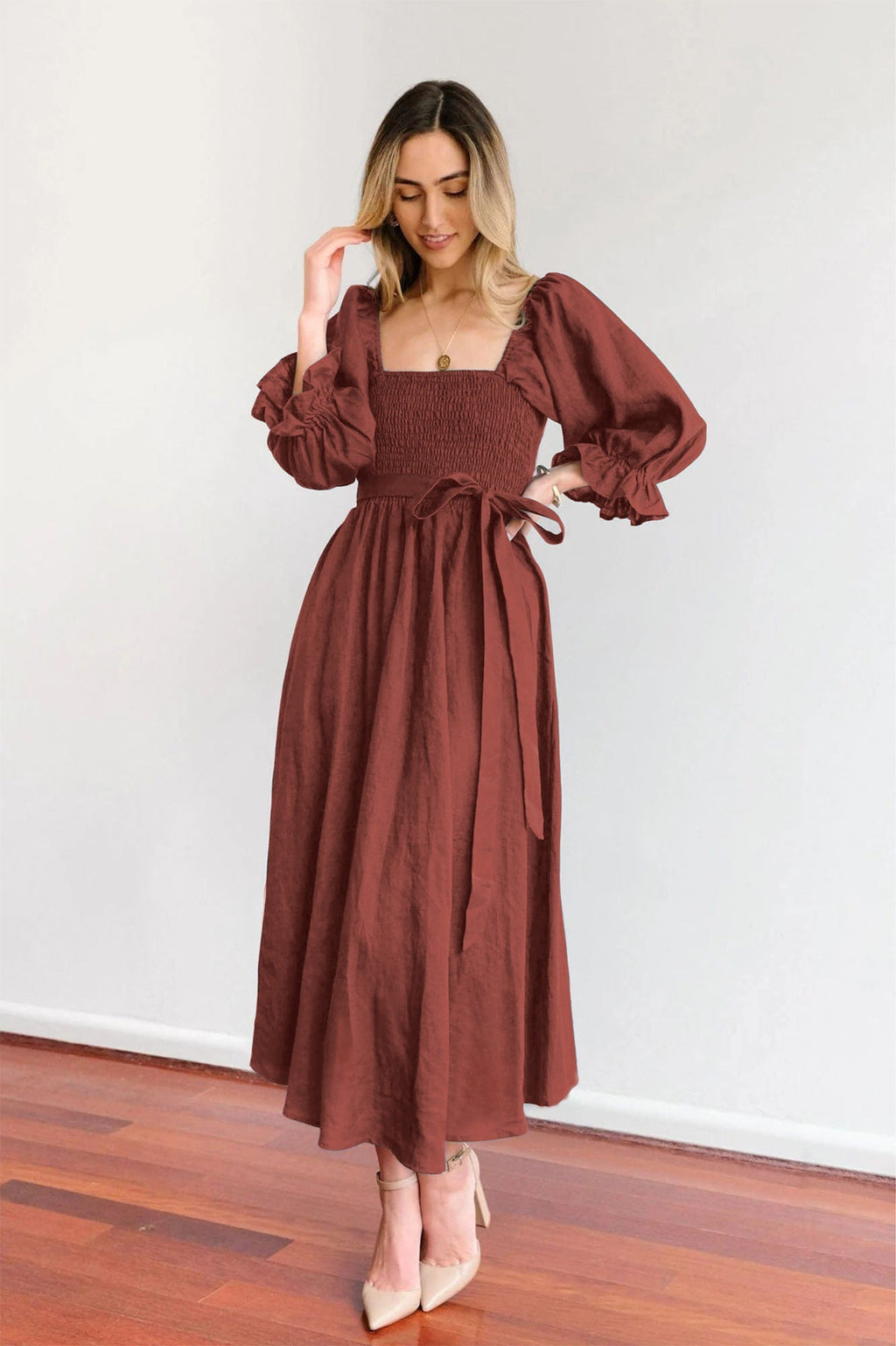 Women's Waist Tie Maxi Dress – Romantic Square Neck Puff Sleeve Dress