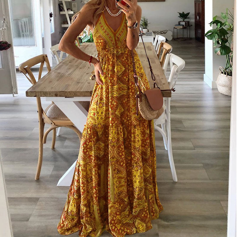 Women's Bohemian Print Maxi Dress – Sleeveless V Neck Summer Dress