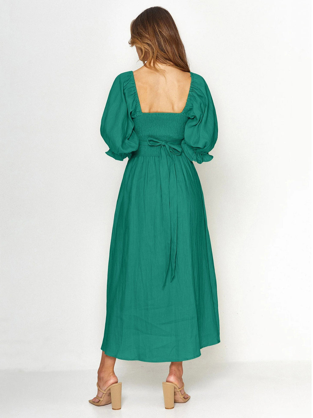 Women's Waist Tie Maxi Dress – Romantic Square Neck Puff Sleeve Dress