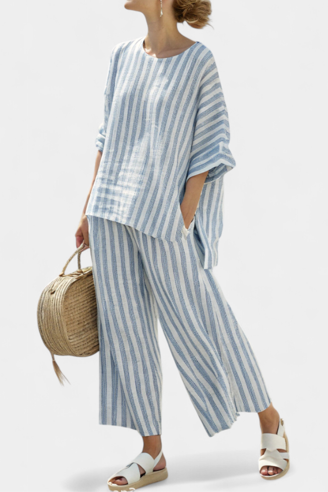 Women's Blue Striped Linen Set – Relaxed Top and Pants Two-Piece Outfit