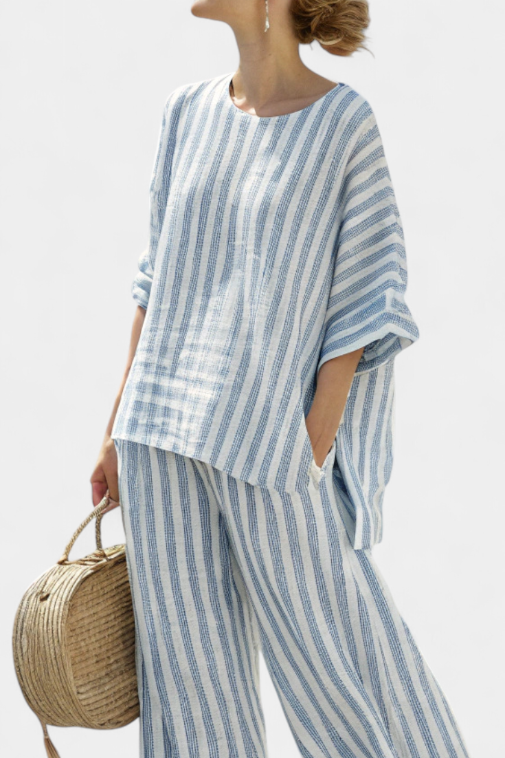Women's Blue Striped Linen Set – Relaxed Top and Pants Two-Piece Outfit