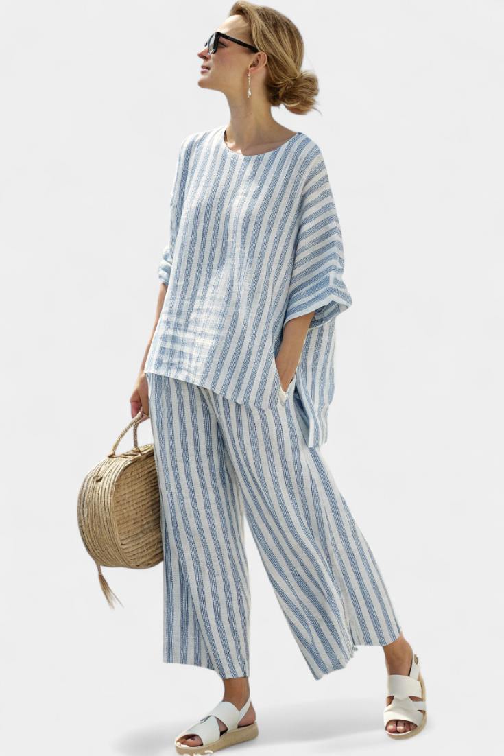 Women's Blue Striped Linen Set – Relaxed Top and Pants Two-Piece Outfit