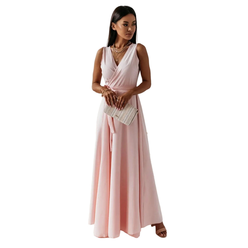 Annabelle Women’s Solid V-Neck Maxi Dress – Elegant Flowy Casual Summer Style