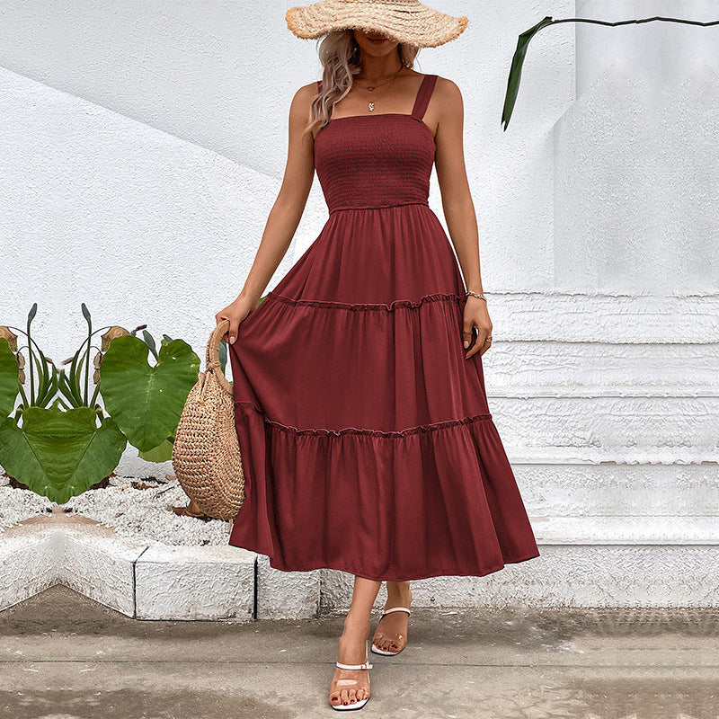 Women's Vintage Backless Sundress – Frill Hem Shirred Summer Dress