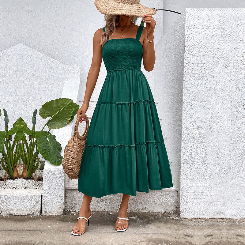 Women's Vintage Backless Sundress – Frill Hem Shirred Summer Dress