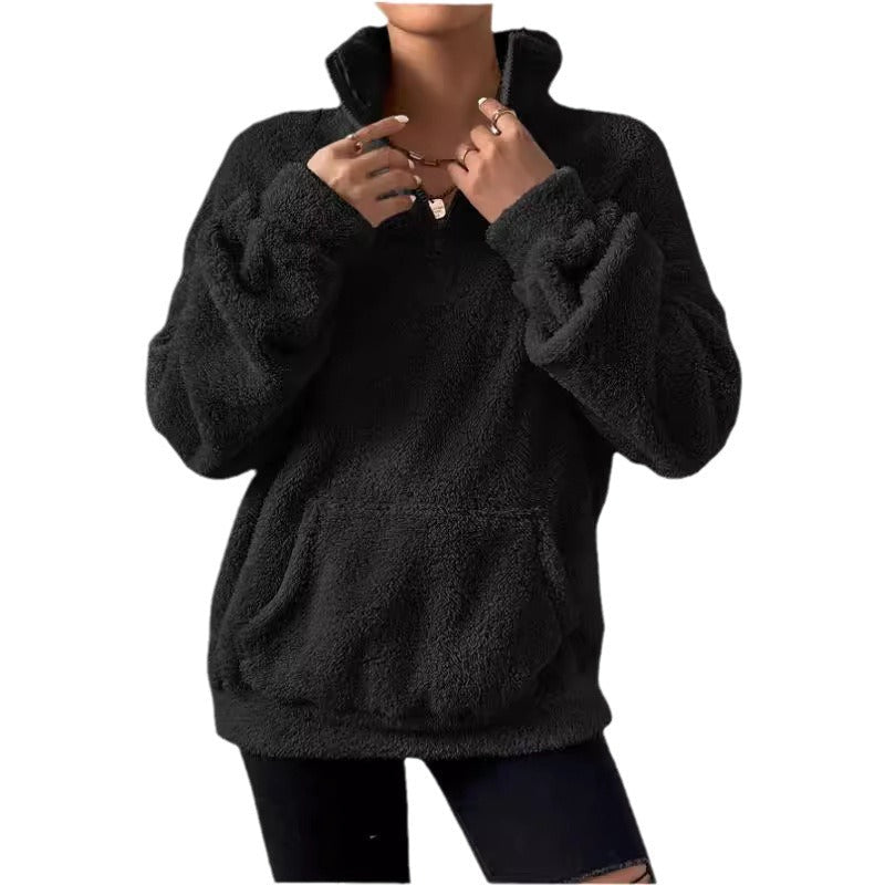 Women's Cozy Fleece Pullover - Stand Collar and Pockets